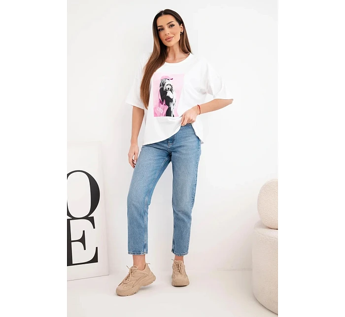 Dámská bavlněná oversize halenka s krátkým rukávem a módním potiskem bílá