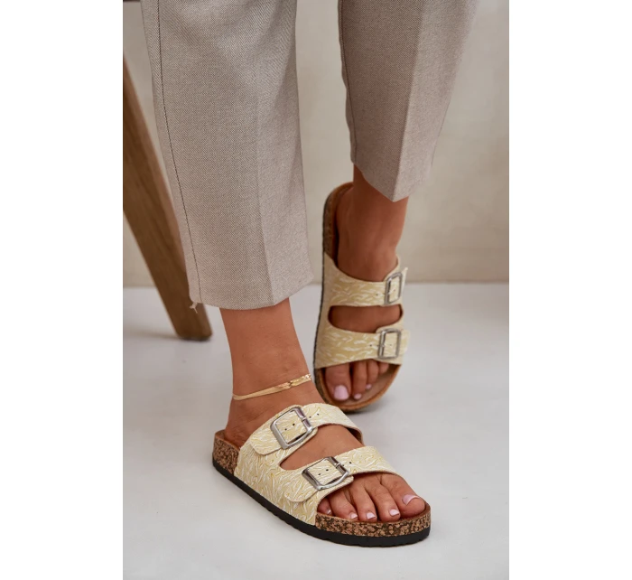 Materiálové pantofle na korkové podrážce s přezkami žluté Atera Materiálové pantofle na korkové podrážce s přezkami žluté Atera