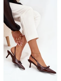 Lakované lodičky na jehlovém podpatku s mašličkou čokoládové Olvena