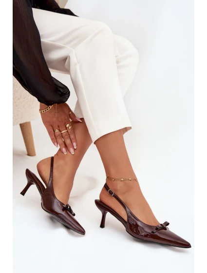 Lakované lodičky na jehlovém podpatku s mašličkou čokoládové Olvena