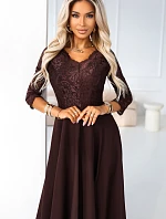 309-14 AMBER elegantní dlouhé krajkové šaty s výstřihem - čokoládové