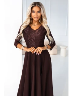 309-14 AMBER elegantní dlouhé krajkové šaty s výstřihem - čokoládové