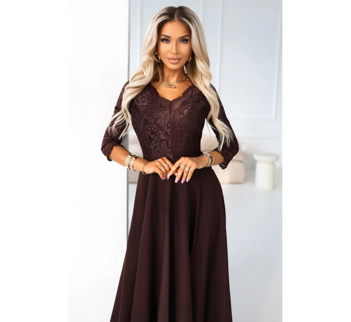 309-14 AMBER elegantní dlouhé krajkové šaty s výstřihem - čokoládové 309-14 AMBER elegantní dlouhé krajkové šaty s výstřihem - čokoládové