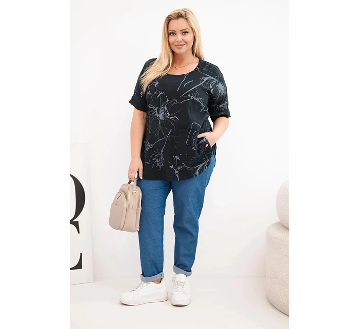 Dámská bavlněná halenka Plus Size s krátkým rukávem a kapsou černá