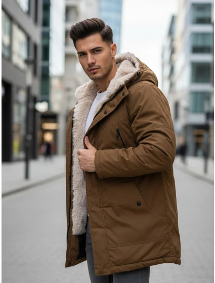 Pánská zimní bunda parka s kapucí FashionStreet hnědá TX4972