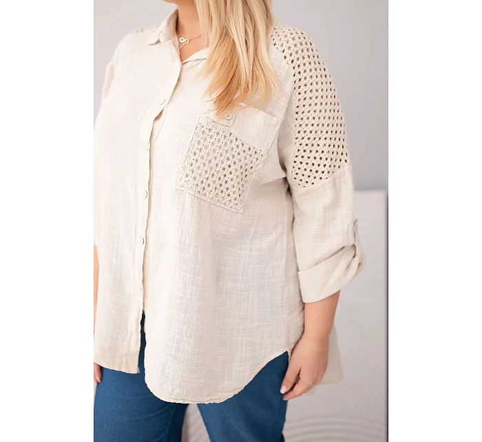 Dámská viskózová košile Plus Size s límečkem a krajkovým model 22043132 béžová - K-Fashion