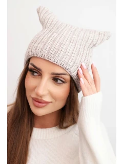 Dámská zimní čepice s vlnou v kočičím střihu z žebrovaného úpletu K419 béžová