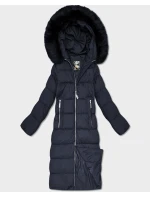 DŁUGA DAMSKA KURTKA ZIMOWA Z KAPTUREM GRANATOWA (7688)