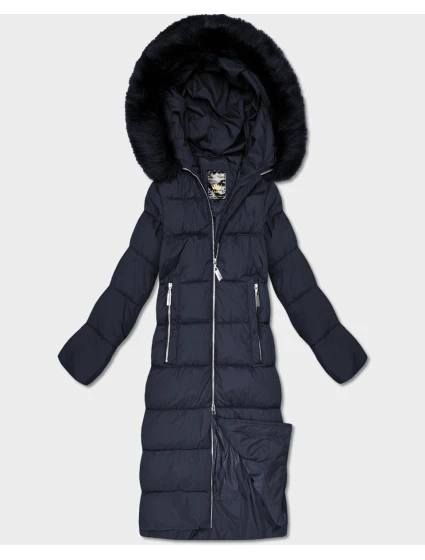 DŁUGA DAMSKA KURTKA ZIMOWA Z KAPTUREM GRANATOWA (7688)