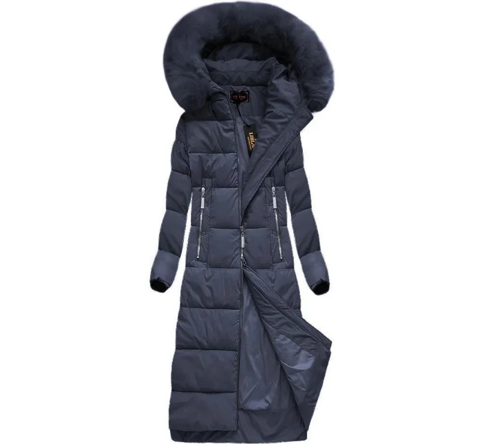 Tmavě modrá dlouhá dámská zimní bunda s kapucí (7688)