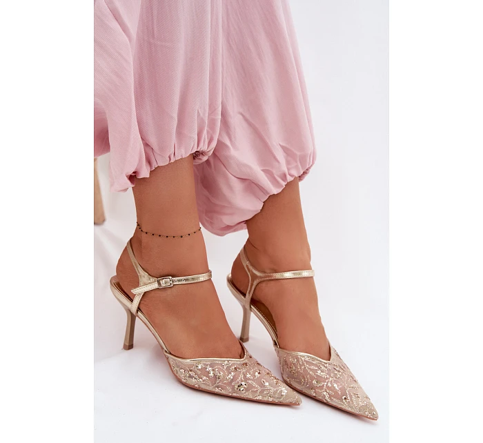 Pánské síťované dámské sandály na jehlovém podpatku se zdobením Zlato model 22103194 - Boto