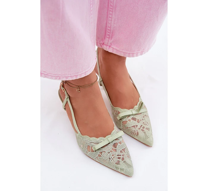 Krajkové dámské sandály na podpatku s mašlí zelené model 22107310 - Boto