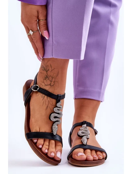 Kožené sandály s ozdobným hadem S.Barski Černá Kožené sandály s ozdobným hadem S.Barski Černá