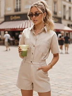 Dámská krátká džínová kombinéza s gumou v pase, béžová, FashionStreet EY2689