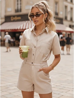 Dámská krátká džínová kombinéza s gumou v pase, béžová, FashionStreet EY2689