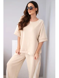 Dámský komplet máslový z viskózy mikina a kalhoty s lampasy béžový