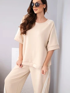 Dámský komplet máslový z viskózy mikina a kalhoty s lampasy béžový