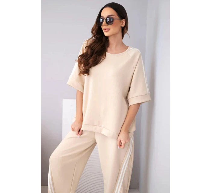 Dámský komplet máslový z viskózy mikina a kalhoty s lampasy béžový