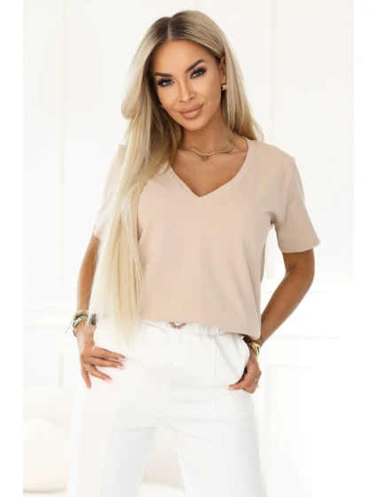 damska z dekoltem V i krótkim  beżowa model 22025612 - numoco basic