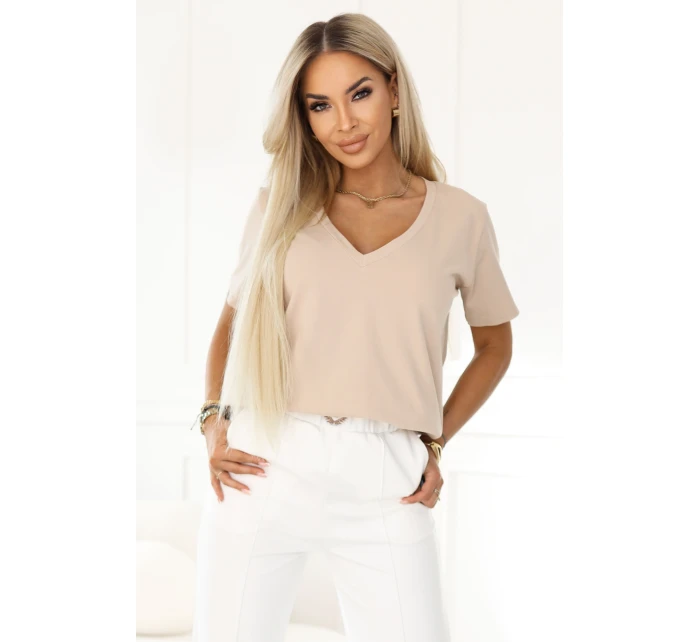 damska z dekoltem V i krótkim  beżowa model 22025612 - numoco basic
