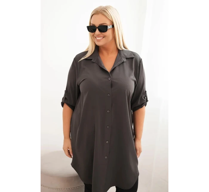 Dámská košilová šaty Plus Size s delší zadní částí a ohrnovacími rukávy grafitová