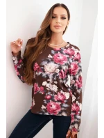 Dámská halenka z viskózy s květinami a dlouhým rukávem čokoládová