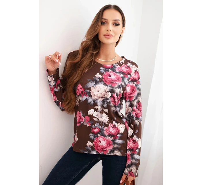 Dámská halenka z viskózy s květinami a dlouhým rukávem čokoládová