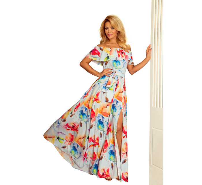 Dlouhé dámské šaty se vzorem  květů a s výstřihem ve stylu model 6059209 - numoco