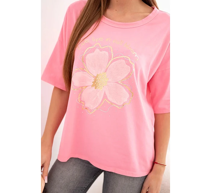 Dámská bavlněná oversize halenka s květinovým potiskem světle růžová Dámská bavlněná oversize halenka s květinovým potiskem světle růžová