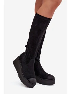 Dámské kozačky nad kolena na platformě a klínku Vinceza – černé