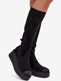 Dámské kozačky nad kolena na platformě a klínku Vinceza – černé