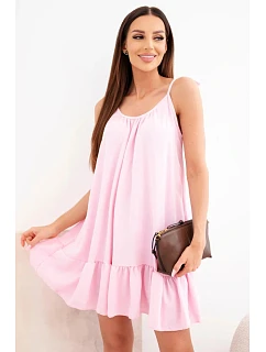 Dámské viskózové šaty na ramínkách s volánem a s páskem na zavazování bonbónově růžová