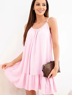Dámské viskózové šaty na ramínkách s volánem a s páskem na zavazování bonbónově růžová