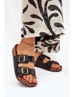 Dámské pantofle na korkové platformě s přezkami – černé