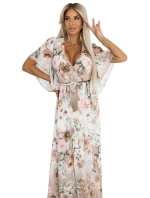 model 21178448 Vzdušné maxi šaty s obálkovým výstřihem a květinovým vzorem Béžové růže - numoco basic