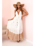 Dámské viskózové šaty s výšivkou a rozšířeným lemem ecru