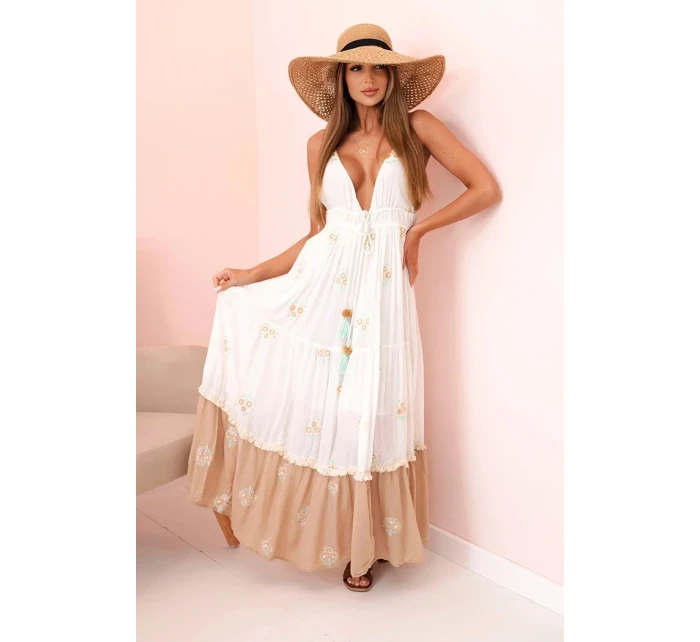 Dámské viskózové šaty s výšivkou a rozšířeným lemem ecru