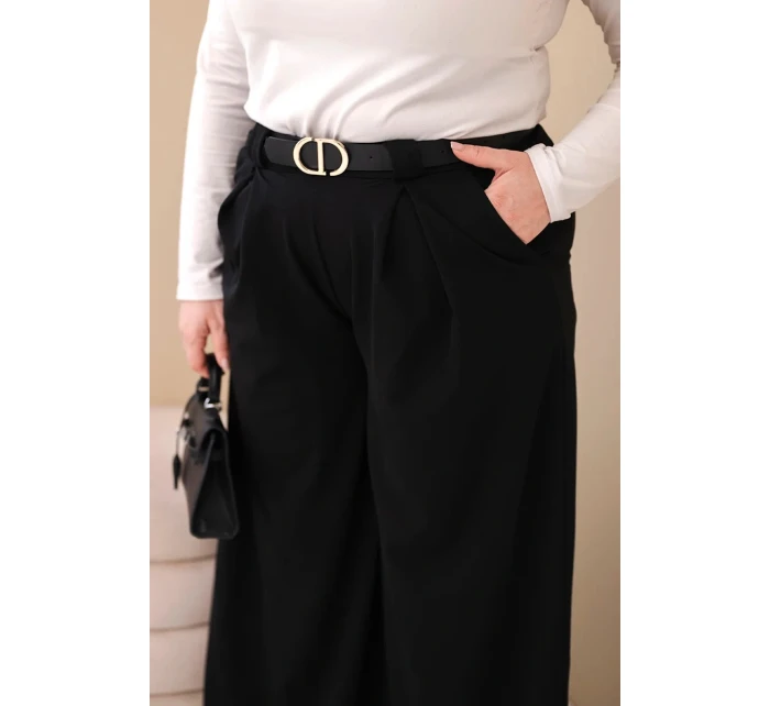 Dámské kalhoty Plus Size viskózové s širokou nohavicí a páskem černé Dámské kalhoty Plus Size viskózové s širokou nohavicí a páskem černé