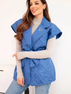 Dámská prošívaná vesta s páskem a širokým límcem chabrová