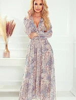 Dámské šifonové béžovo-světle modré midi šaty se vzorem "boho" 378-2