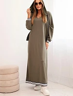 Dámský komplet s viskózou s rozepínací mikinou a dlouhou sukní khaki