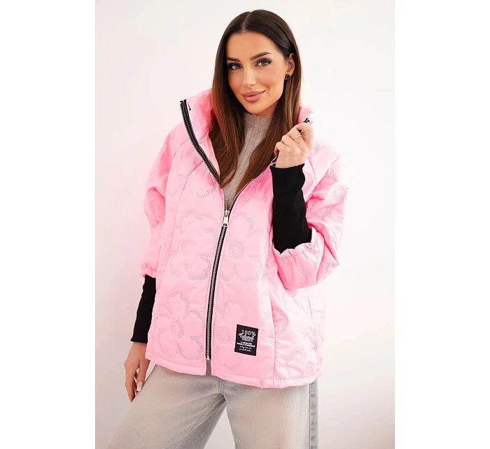 Dámská jarní prošívaná bunda s ozdobným model 22040184 a zipem bonbónově růžová - K-Fashion