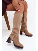 Dámské zateplené kozačky na podpatku s prošíváním Alessara – béžové