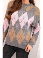 Svetr dámský s ajurem a kulatým výstřihem v diamond s vlnou šedý Svetr dámský s ajurem a kulatým výstřihem v diamond s vlnou šedý