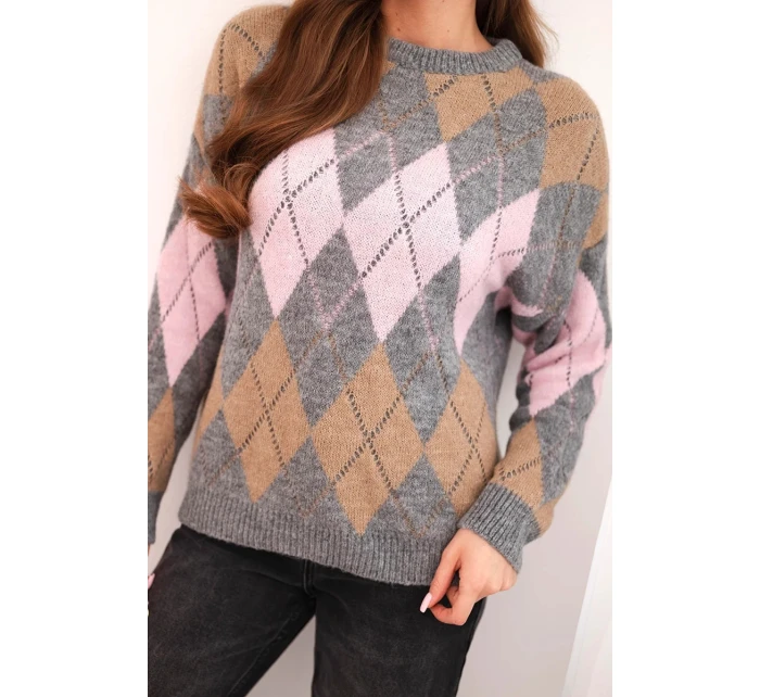 Svetr dámský s ajurem a kulatým výstřihem v diamond s vlnou šedý Svetr dámský s ajurem a kulatým výstřihem v diamond s vlnou šedý