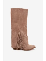 Dámské Kožené Boty Na Podpatku S třásněmi Béžové model 21704788 - Boto