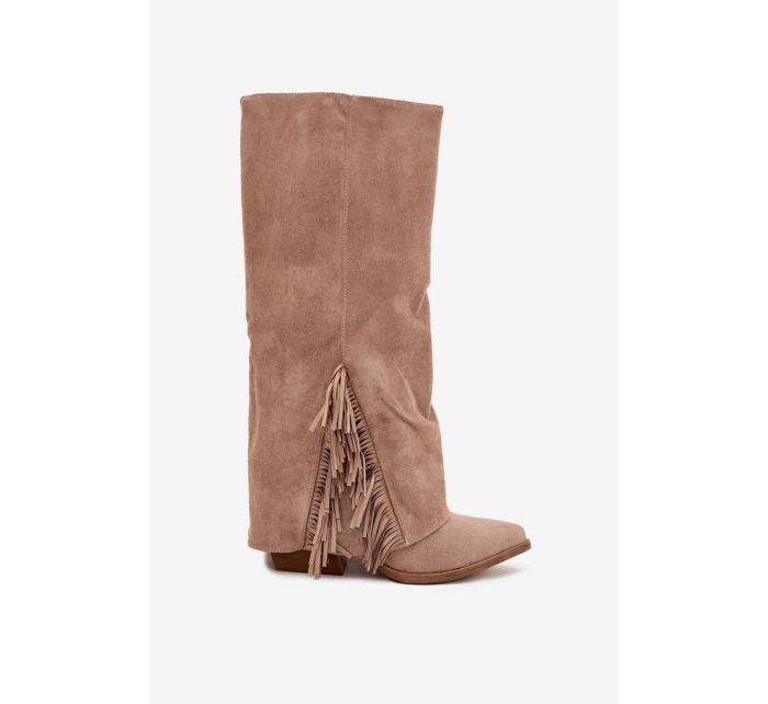 Dámské Kožené Boty Na Podpatku S třásněmi Béžové model 21704788 - Boto