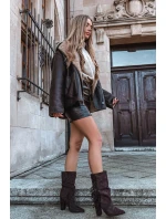 Dámské kotníkové boty na podpatku s třásněmi a žebrováním Zateplené Čokoládové model 21757539 - Boto