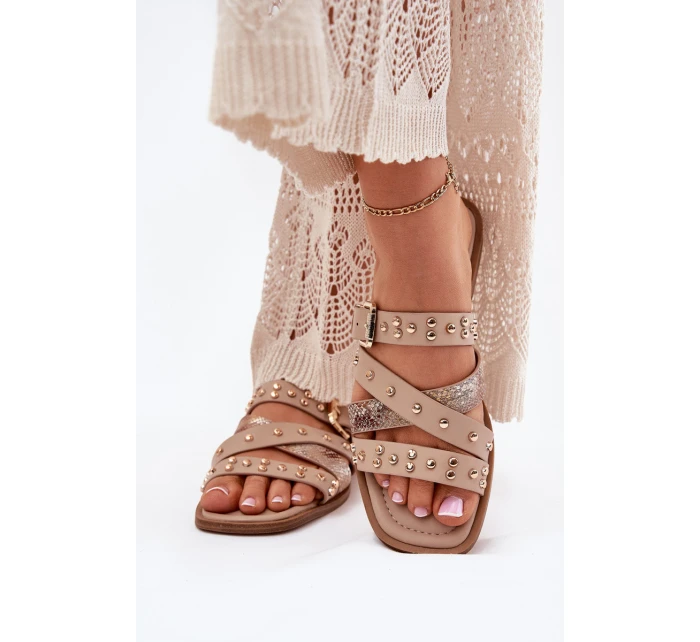 Ozdobené dámské sandály na plochém podpatku se pásky a sponou béžové Manitte Ozdobené dámské sandály na plochém podpatku se pásky a sponou béžové Manitte