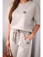 Dámský komplet viskózový máslový s krátkým rukávem a kalhotami s ohrnutým lemem tmavě béžový